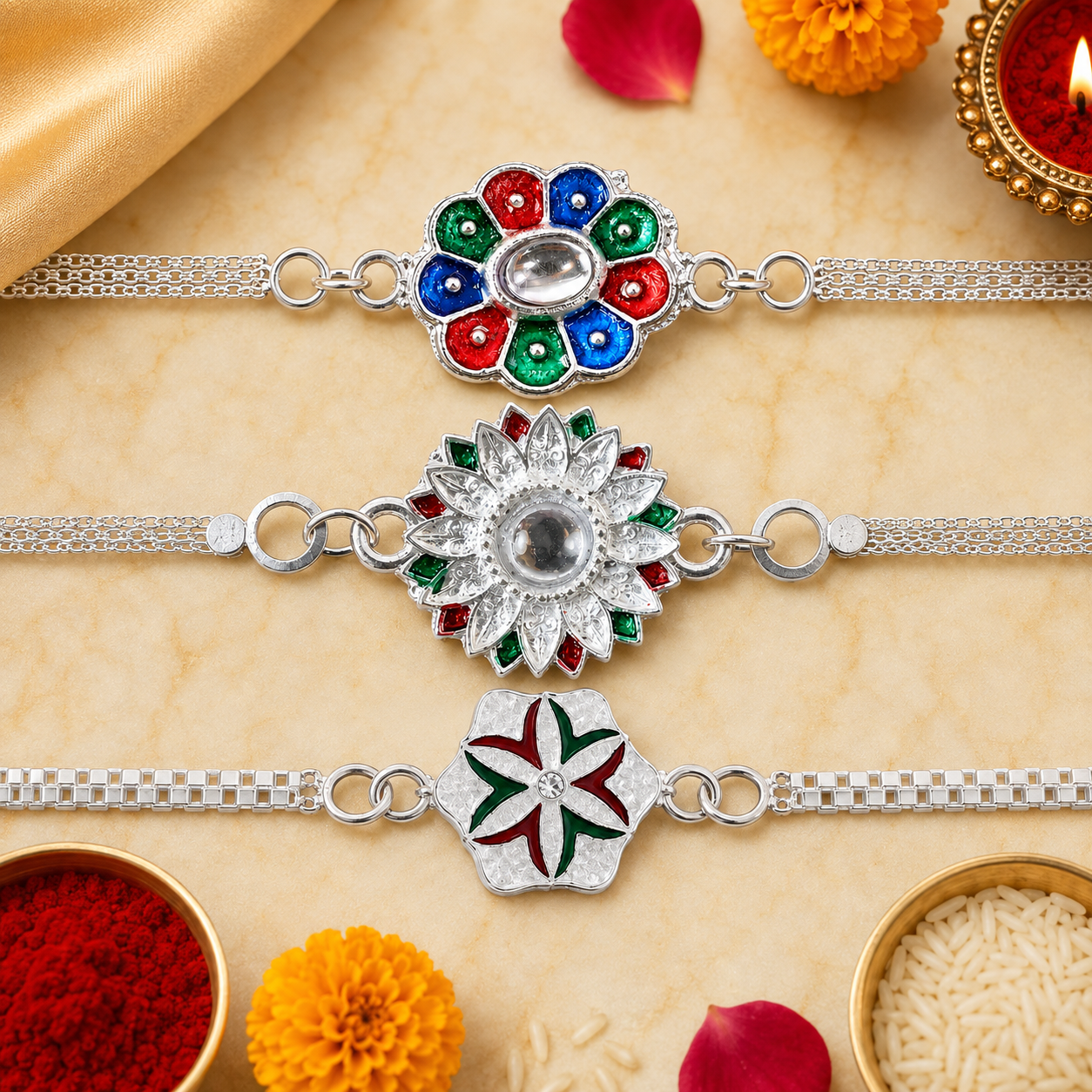 Silver Meenakari Floral, Colorful Petal & Flower Chain Rakhi for Brother (3 Pc)