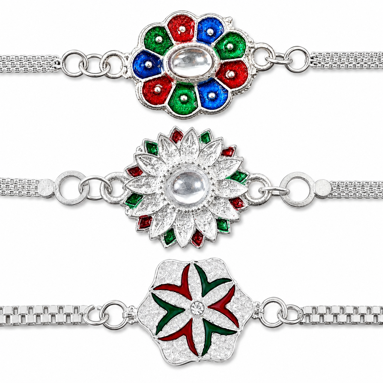 Silver Meenakari Floral, Colorful Petal & Flower Chain Rakhi for Brother (3 Pc)