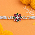 Tricolor Floral, Elegant Bracelet & Golden Pearl Charm Rakhi for Brother (3 Pc)