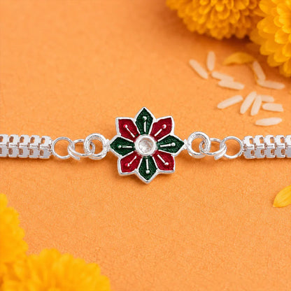 Tricolor Floral, Elegant Bracelet & Golden Pearl Charm Rakhi for Brother (3 Pc)