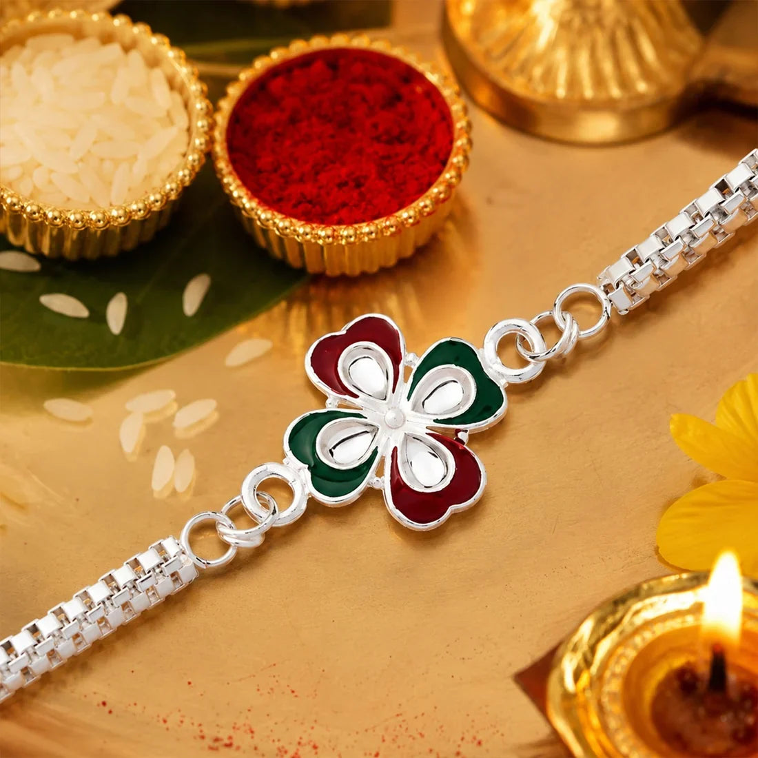 Tricolor Floral, Elegant Bracelet & Golden Pearl Charm Rakhi for Brother (3 Pc)