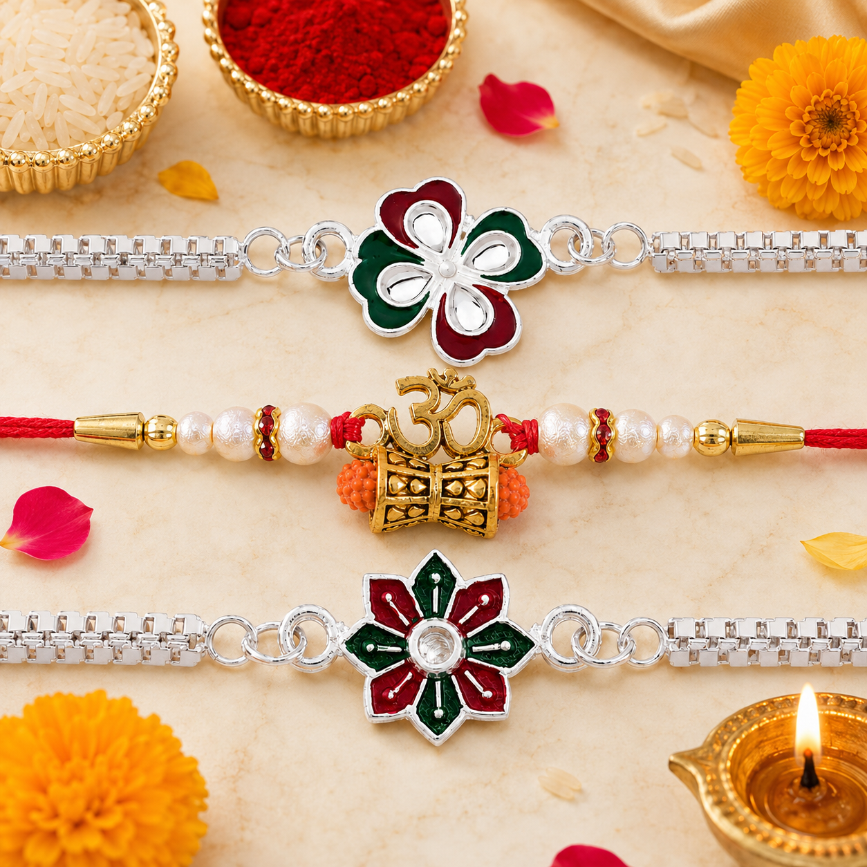 Tricolor Floral, Elegant Bracelet & Golden Pearl Charm Rakhi for Brother (3 Pc)