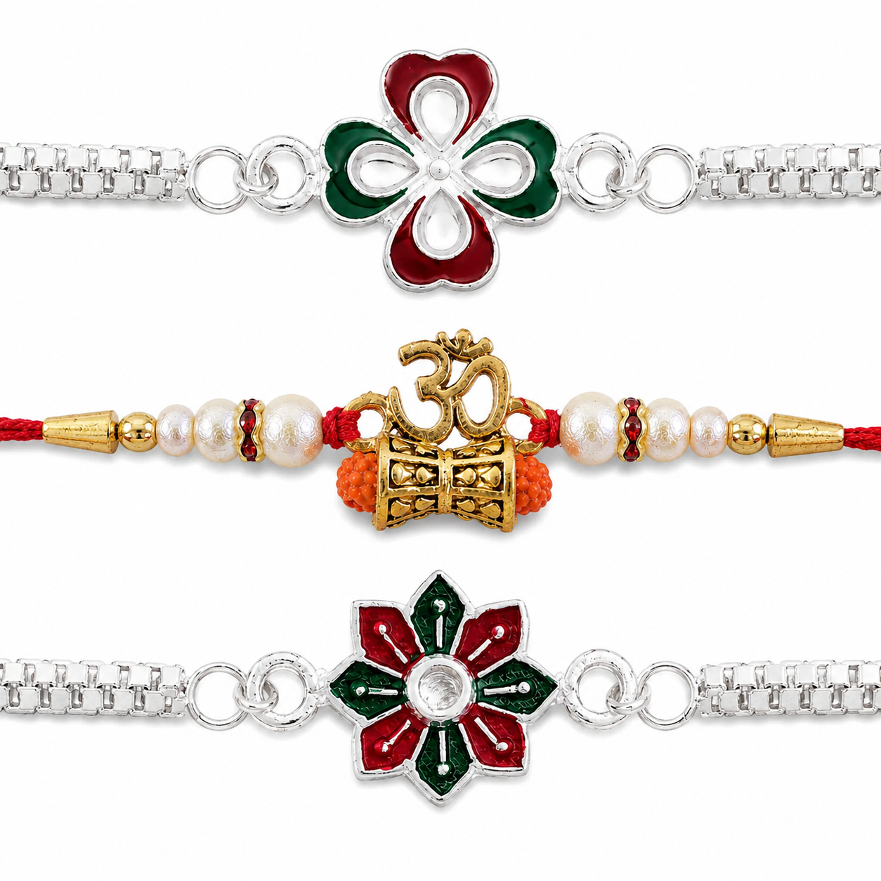 Tricolor Floral, Elegant Bracelet & Golden Pearl Charm Rakhi for Brother (3 Pc)