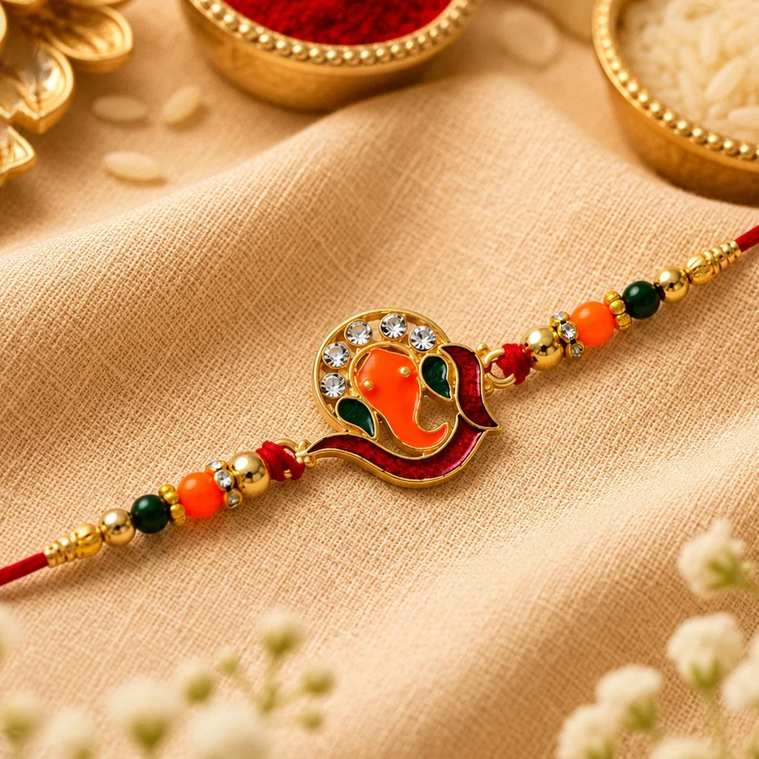 Silver Floral Enamel, Golden Ganesha & Mor Pankh Design Rakhi for Brother (3 Pc)