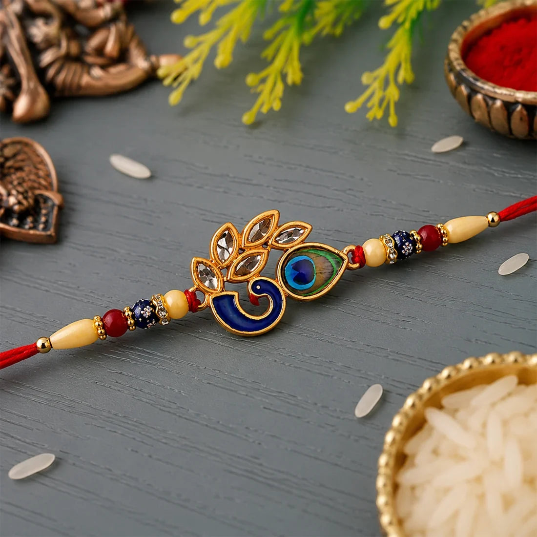 Silver Floral Enamel, Golden Ganesha & Mor Pankh Design Rakhi for Brother (3 Pc)
