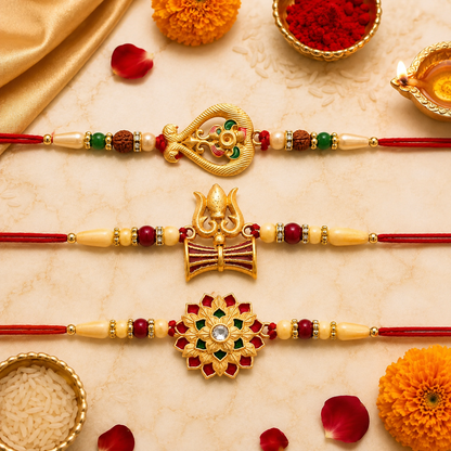 Flower Design, Elegant Leaf Motif Stone & Shiva Trishul Rakhi for Brother (3 Pc)