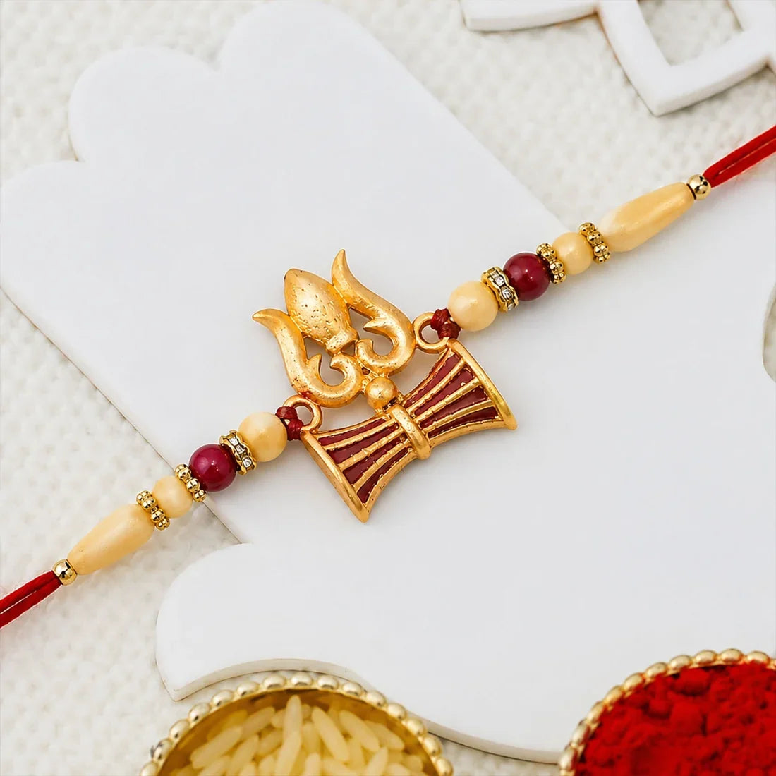 Flower Design, Elegant Leaf Motif Stone & Shiva Trishul Rakhi for Brother (3 Pc)