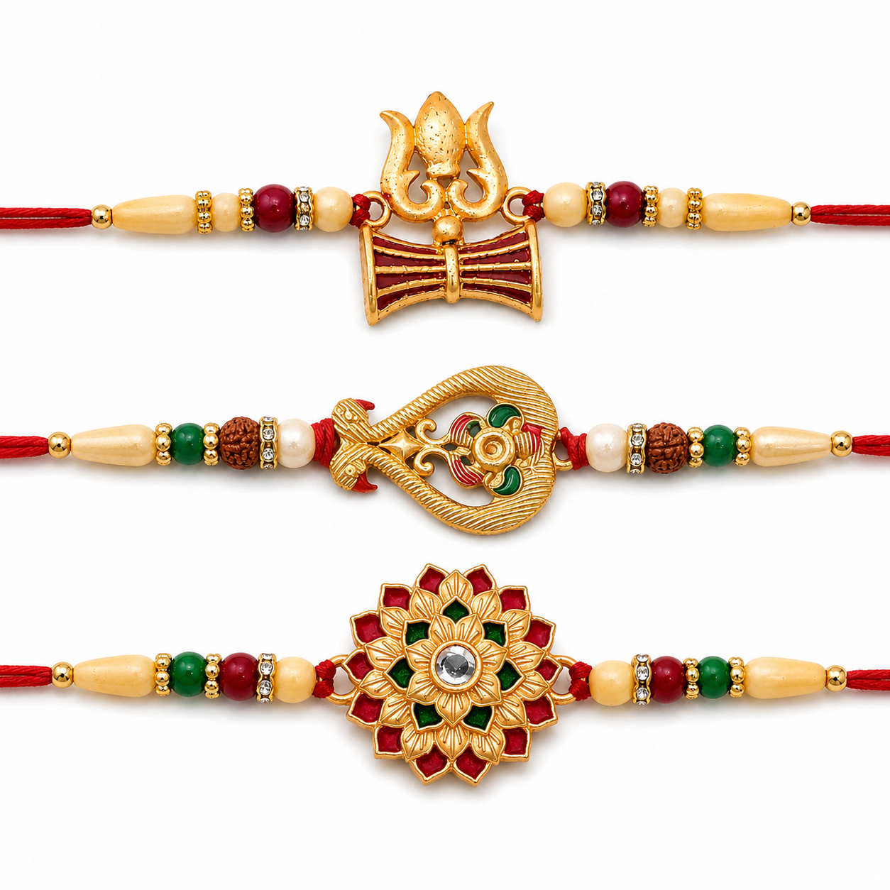 Flower Design, Elegant Leaf Motif Stone & Shiva Trishul Rakhi for Brother (3 Pc)