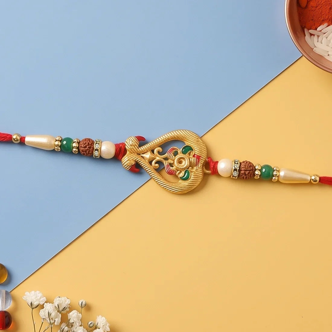 Flower Design, Elegant Leaf Motif Stone & Shiva Trishul Rakhi for Brother (3 Pc)