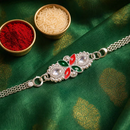 Shiva Trishul, Silver Red-Green Enamel & Floral Chain Rakhi for Brother (3 Pc Set)