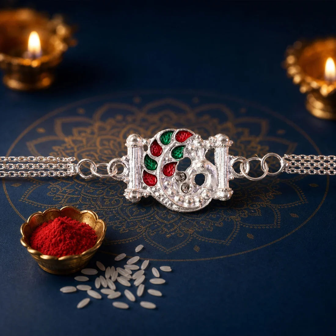 Shiva Trishul, Silver Red-Green Enamel & Floral Chain Rakhi for Brother (3 Pc Set)