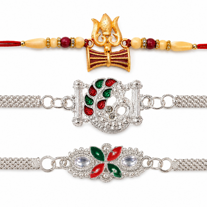 Shiva Trishul, Silver Red-Green Enamel & Floral Chain Rakhi for Brother (3 Pc Set)