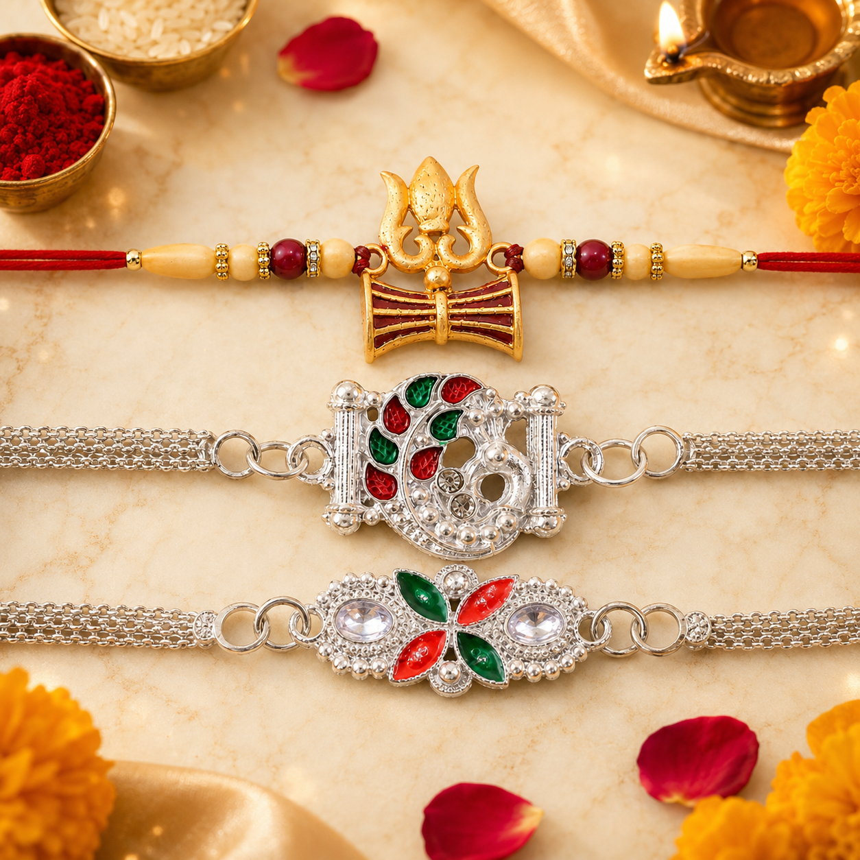 Shiva Trishul, Silver Red-Green Enamel & Floral Chain Rakhi for Brother (3 Pc Set)