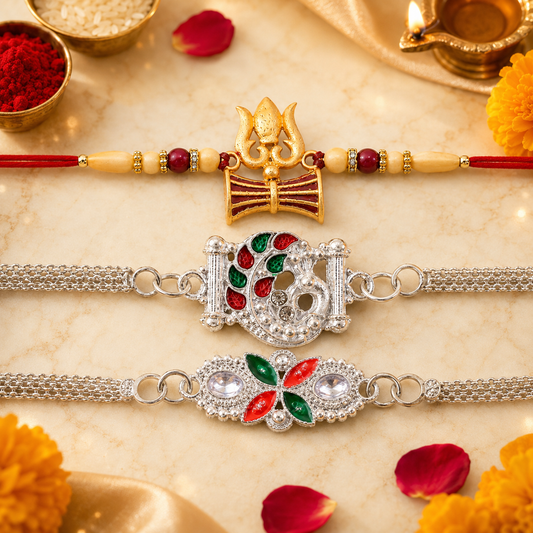 Shiva Trishul, Silver Red-Green Enamel & Floral Chain Rakhi for Brother (3 Pc Set)