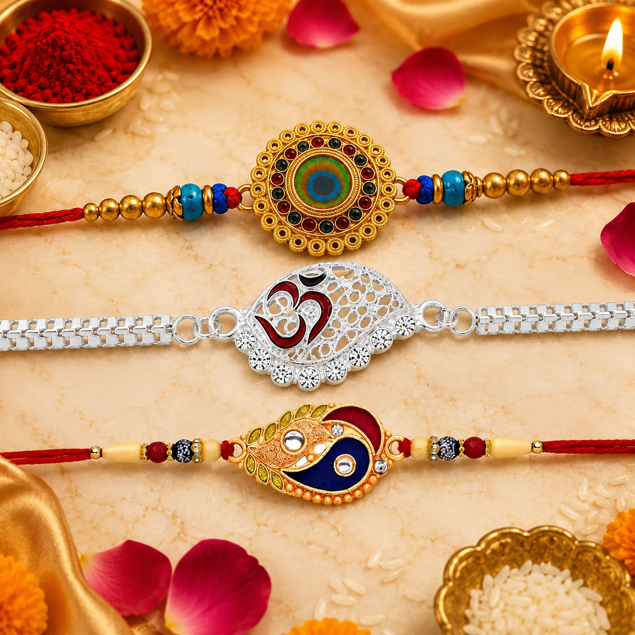 Traditional Flower, Silver Om Chain & Enamel Paisley Rakhi for Brother (3 Pc Set)