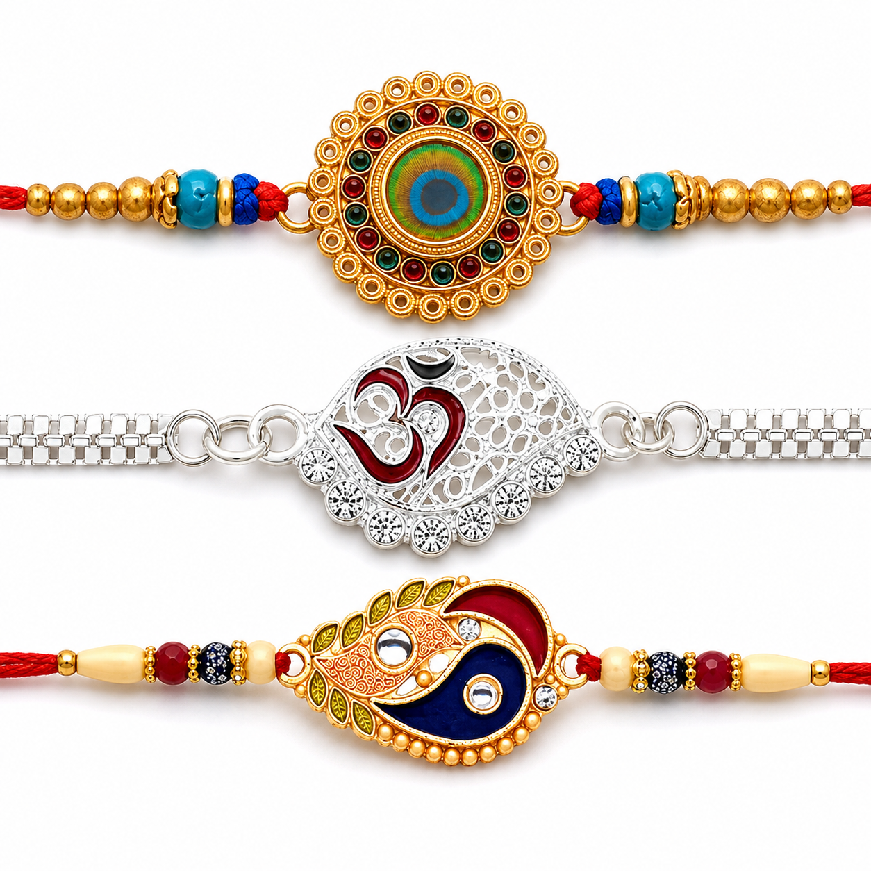 Traditional Flower, Silver Om Chain & Enamel Paisley Rakhi for Brother (3 Pc Set)
