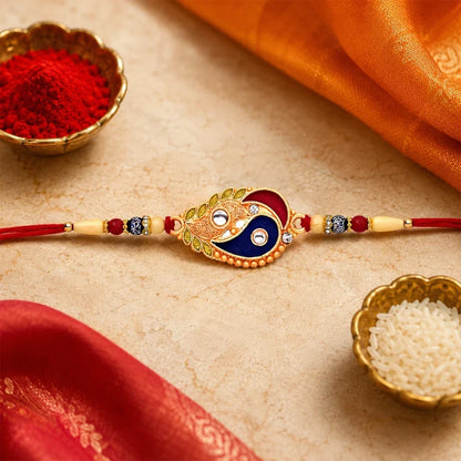 Traditional Flower, Silver Om Chain & Enamel Paisley Rakhi for Brother (3 Pc Set)