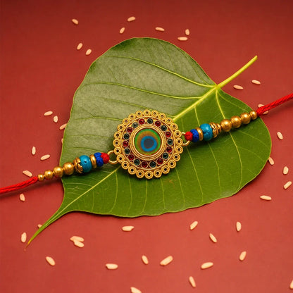 Traditional Flower, Silver Om Chain & Enamel Paisley Rakhi for Brother (3 Pc Set)