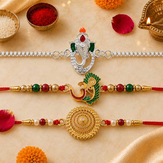 Stylish Ganesha Chain, Gold Pearl Round & Om Peacock Rakhi for Brother (3 Pc Set)