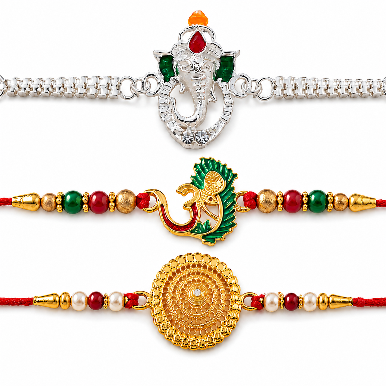 Stylish Ganesha Chain, Gold Pearl Round & Om Peacock Rakhi for Brother (3 Pc Set)