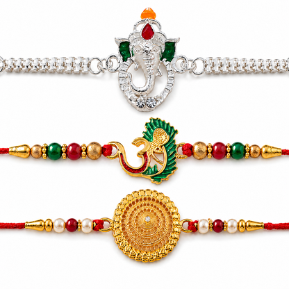 Stylish Ganesha Chain, Gold Pearl Round & Om Peacock Rakhi for Brother (3 Pc Set)