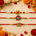 Multicolor Floral Stone, Om Damaru Pearl & Bhai Ki Rakhi for Brother (3 Pc Set)