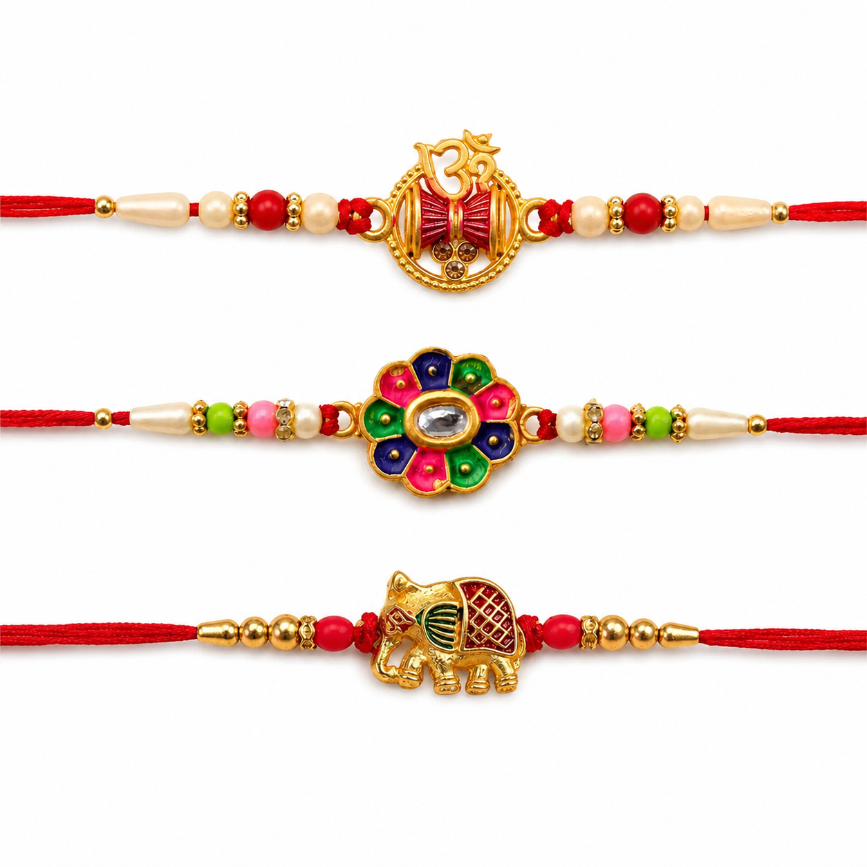 Multicolor Floral Stone, Om Damaru Pearl & Bhai Ki Rakhi for Brother (3 Pc Set)