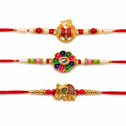 Multicolor Floral Stone, Om Damaru Pearl & Bhai Ki Rakhi for Brother (3 Pc Set)