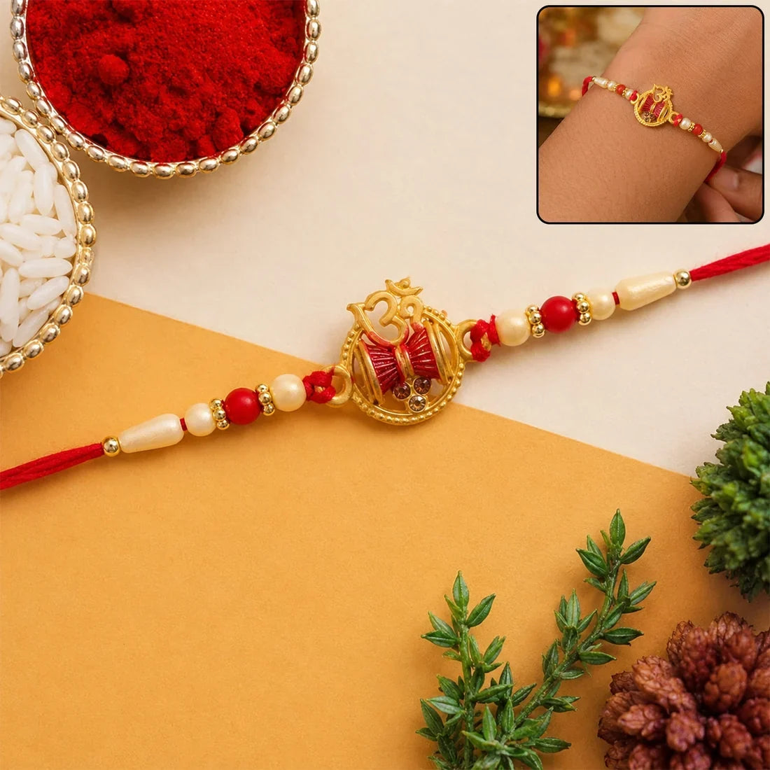 Multicolor Floral Stone, Om Damaru Pearl & Bhai Ki Rakhi for Brother (3 Pc Set)
