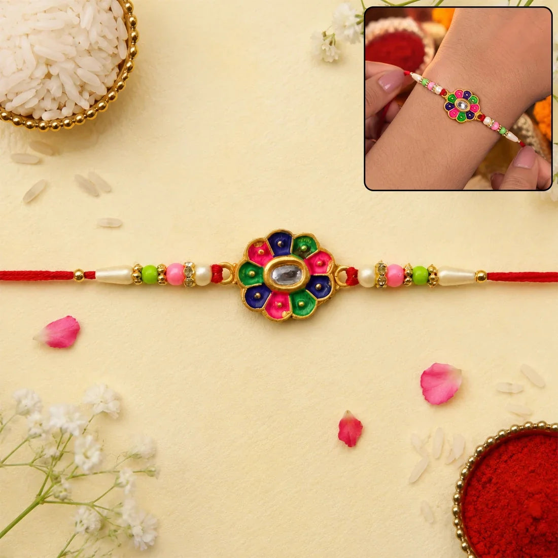 Multicolor Floral Stone, Om Damaru Pearl & Bhai Ki Rakhi for Brother (3 Pc Set)