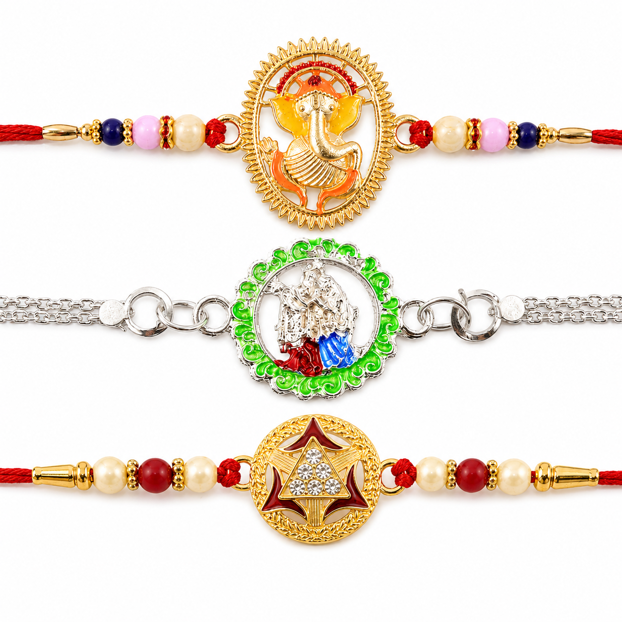 Radha Krishna Chain, Gold-Plated Round & Ganesha Designer Rakhi for Brother (3 Pc)