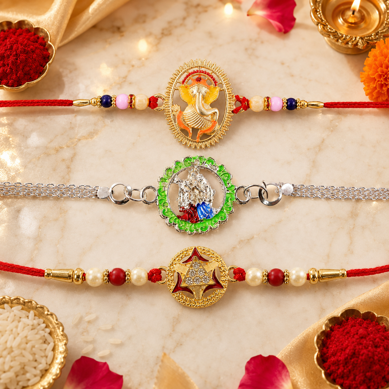 Radha Krishna Chain, Gold-Plated Round & Ganesha Designer Rakhi for Brother (3 Pc)