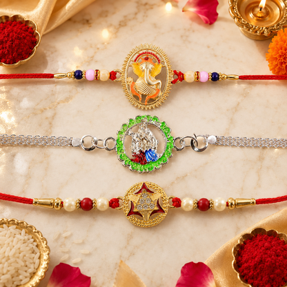 Radha Krishna Chain, Gold-Plated Round & Ganesha Designer Rakhi for Brother (3 Pc)