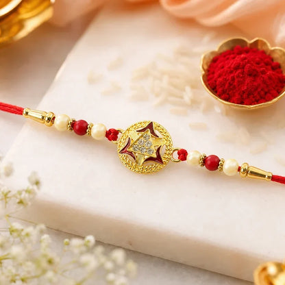 Radha Krishna Chain, Gold-Plated Round & Ganesha Designer Rakhi for Brother (3 Pc)