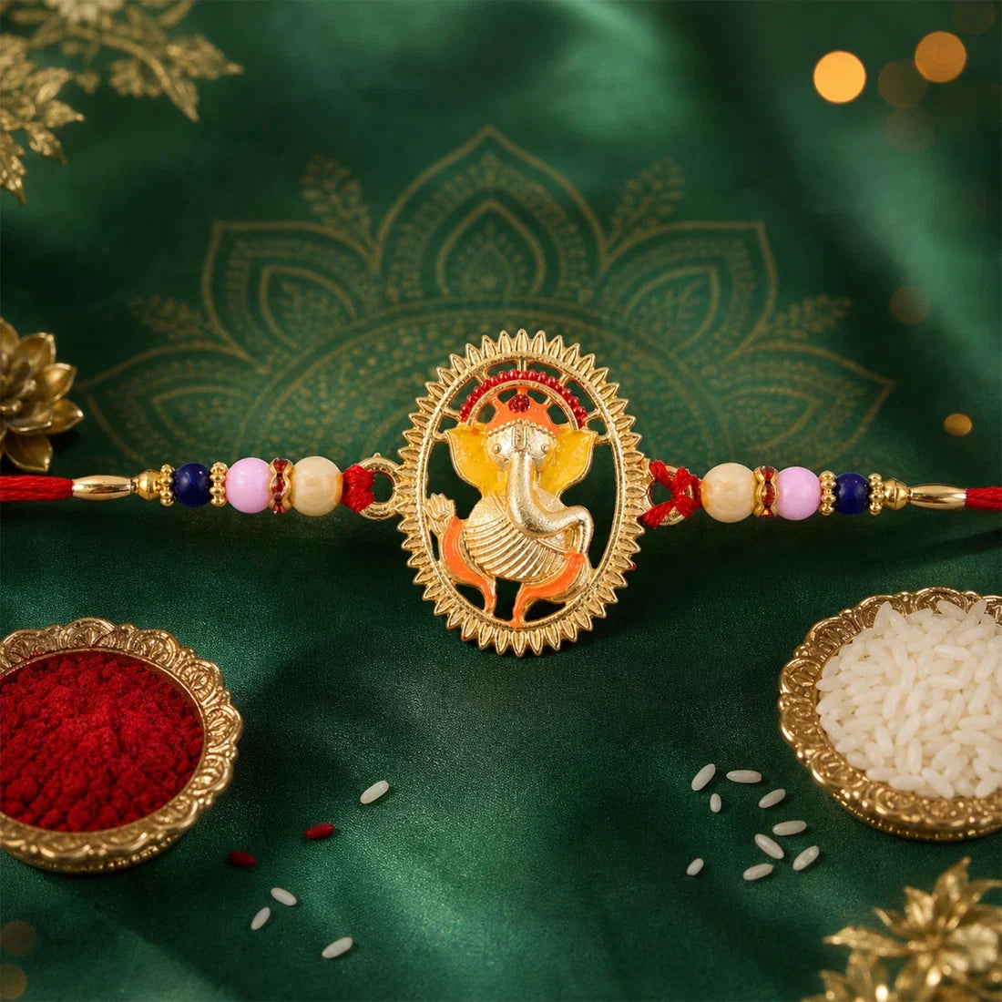 Radha Krishna Chain, Gold-Plated Round & Ganesha Designer Rakhi for Brother (3 Pc)