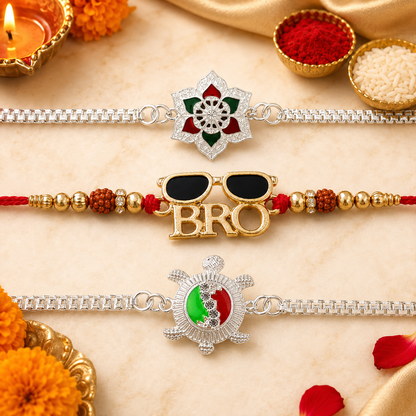 Sunglasses Bro, Turtle Motif Enamel & My Bhai My Pride Rakhi for Brother (3 Pc)