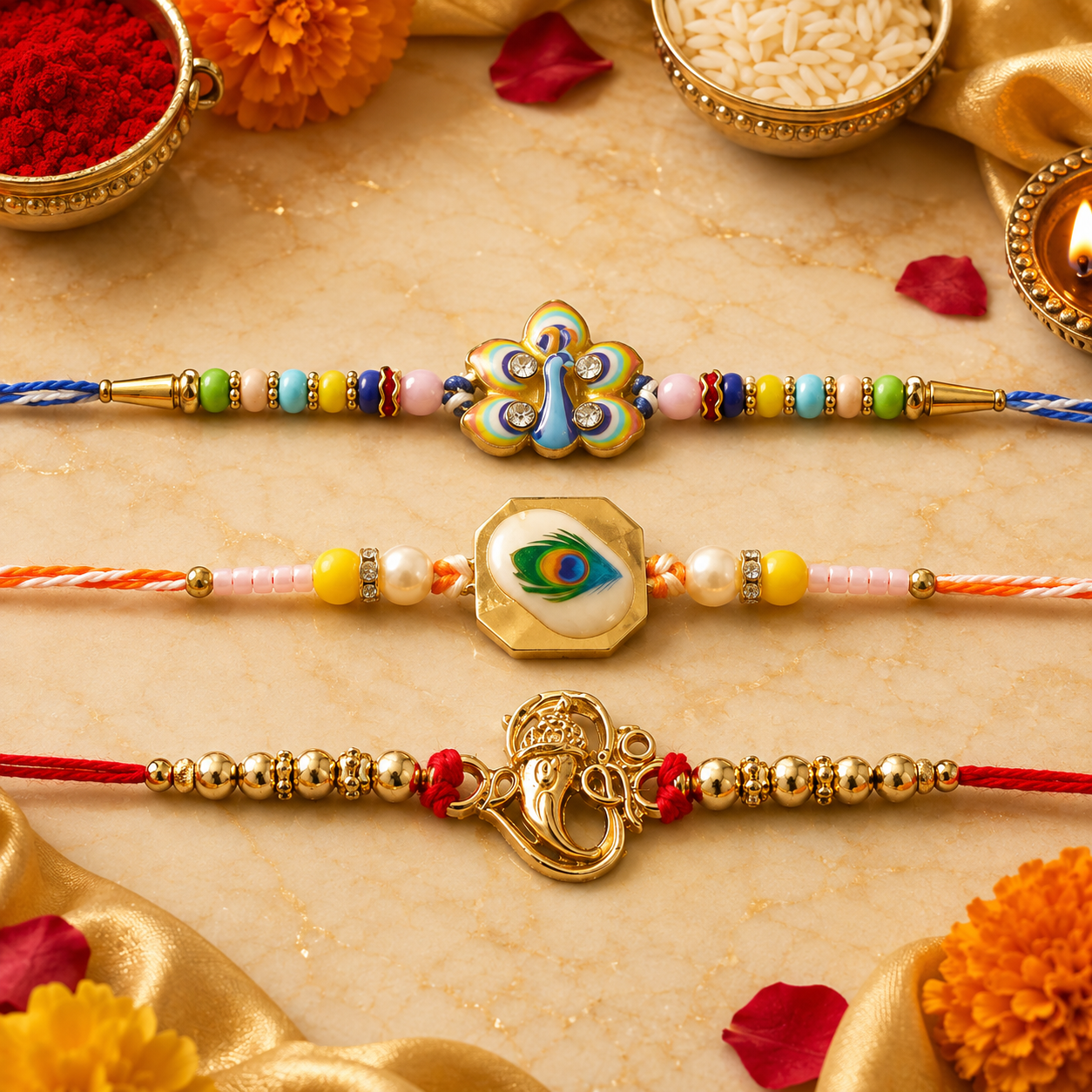Mor Pankh Feather, Golden Swirl Peacock & Premium Ganesha Rakhi for Brother (3 Pc)