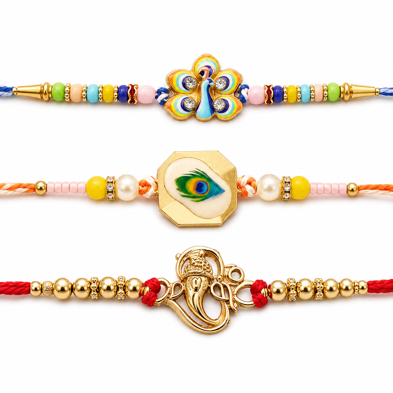 Mor Pankh Feather, Golden Swirl Peacock & Premium Ganesha Rakhi for Brother (3 Pc)
