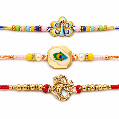Mor Pankh Feather, Golden Swirl Peacock & Premium Ganesha Rakhi for Brother (3 Pc)