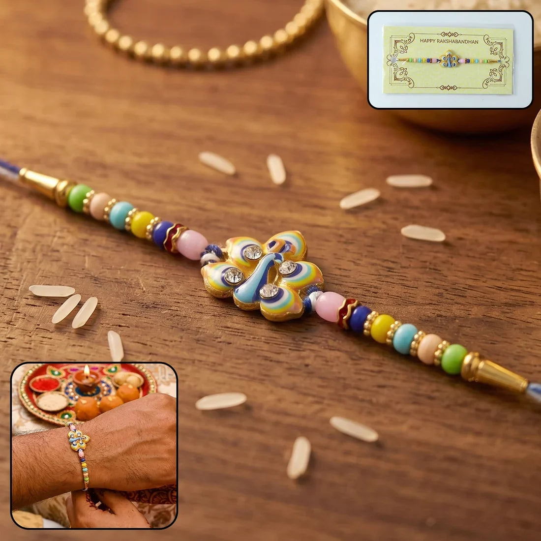 Mor Pankh Feather, Golden Swirl Peacock & Premium Ganesha Rakhi for Brother (3 Pc)