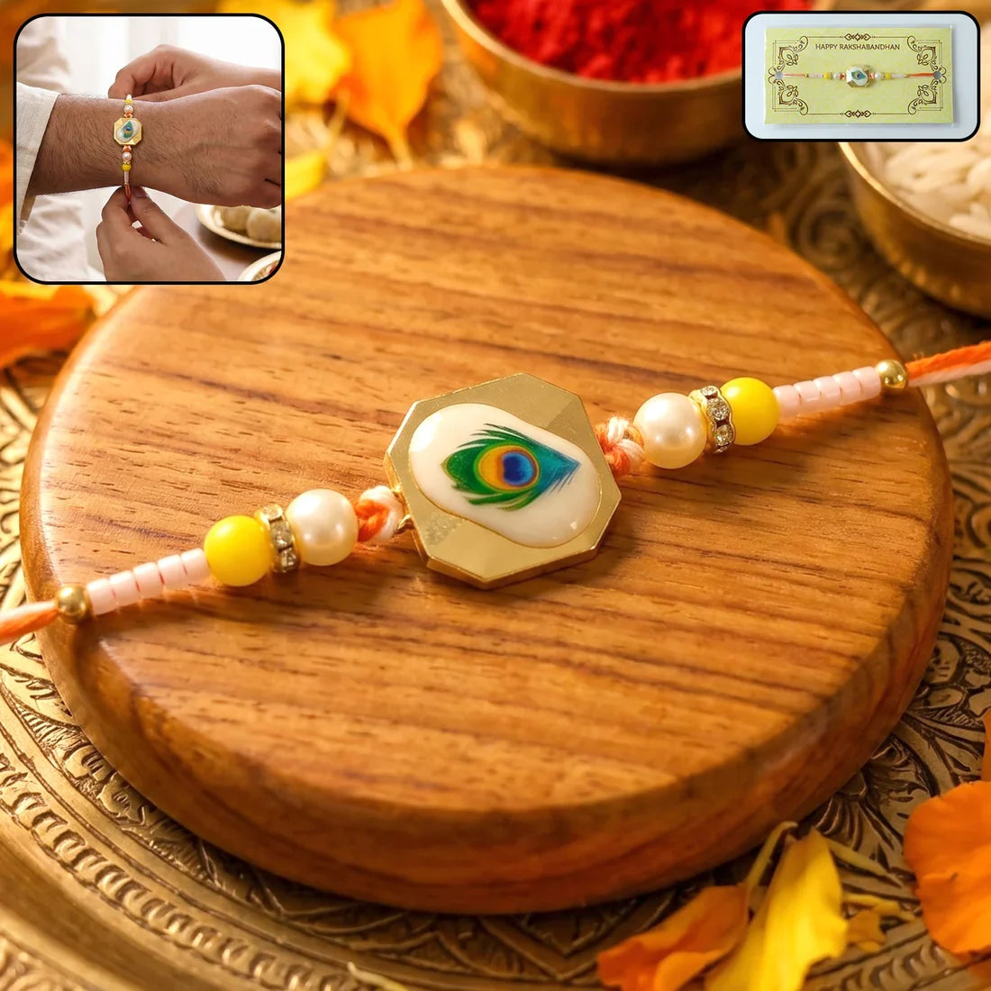 Mor Pankh Feather, Golden Swirl Peacock & Premium Ganesha Rakhi for Brother (3 Pc)