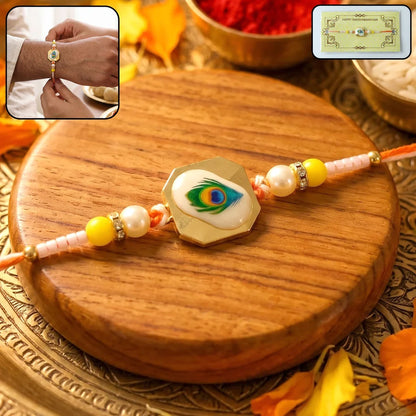 Mor Pankh Feather, Golden Swirl Peacock & Premium Ganesha Rakhi for Brother (3 Pc)
