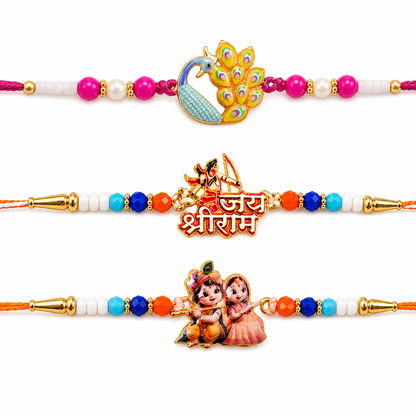 Jai Shri Ram, Colorful Peacock Meenakari & Radha Krishna Rakhi for Brother (3 Pc)