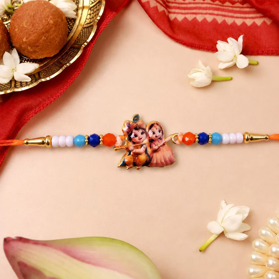 Jai Shri Ram, Colorful Peacock Meenakari & Radha Krishna Rakhi for Brother (3 Pc)
