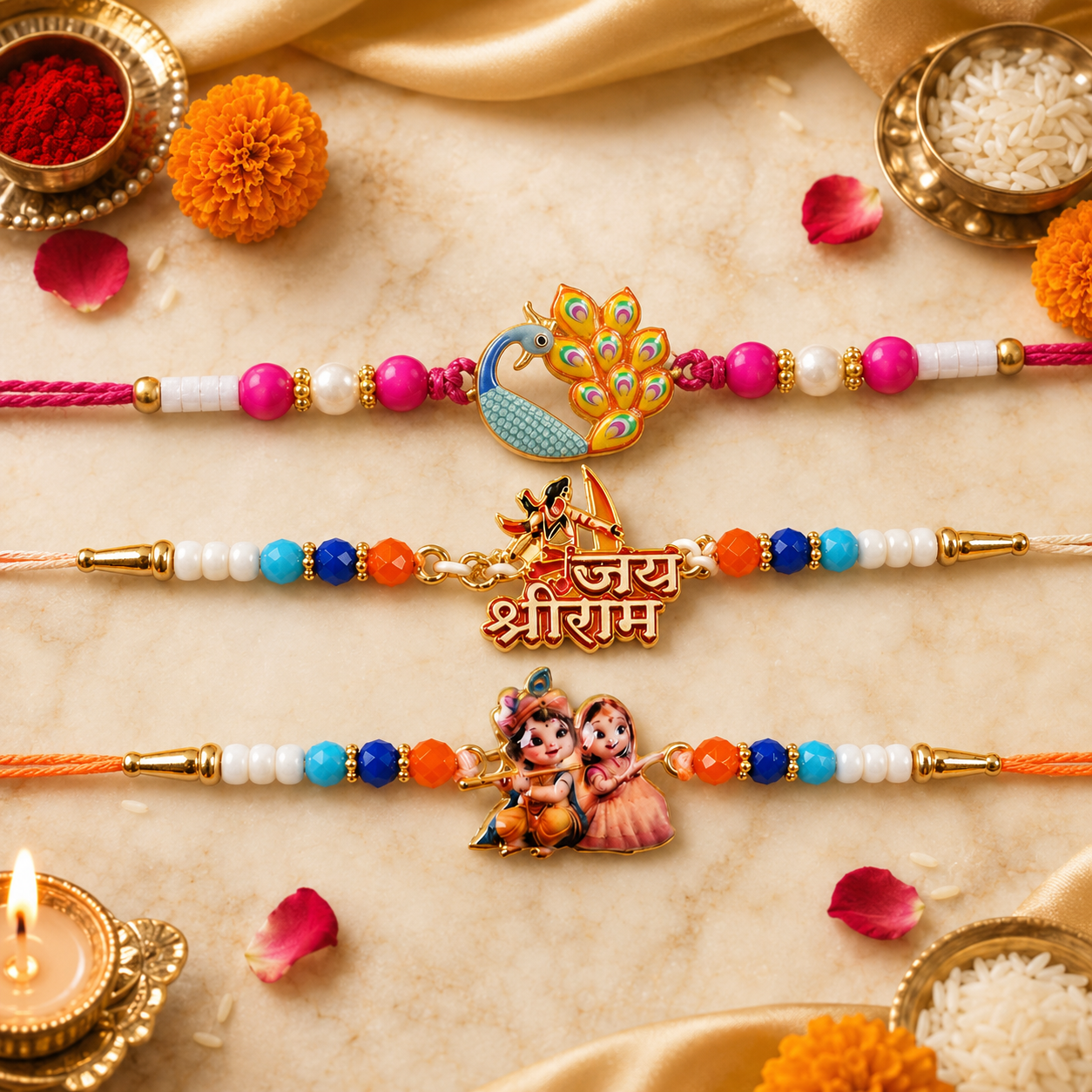 Jai Shri Ram, Colorful Peacock Meenakari & Radha Krishna Rakhi for Brother (3 Pc)