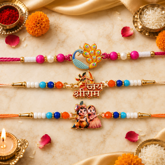 Three colorful Rakhis with various charms and beads are arranged on a light brown surface with rose petals and marigolds.