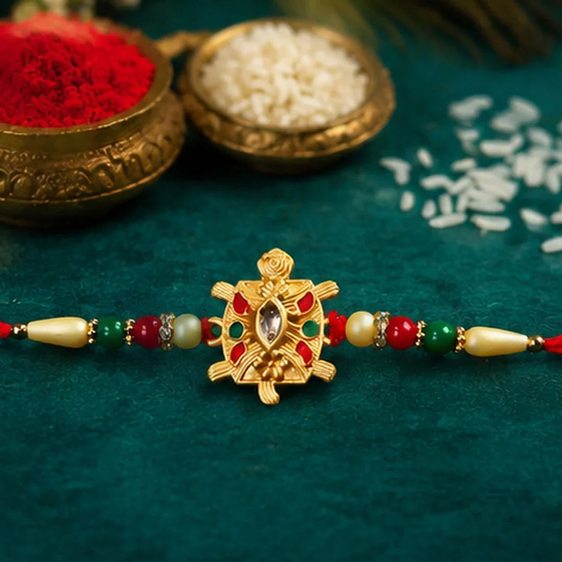 Peacock Feather, Turtle Strength & Elegant Floral Stone Rakhi for Brother (3 Pc)