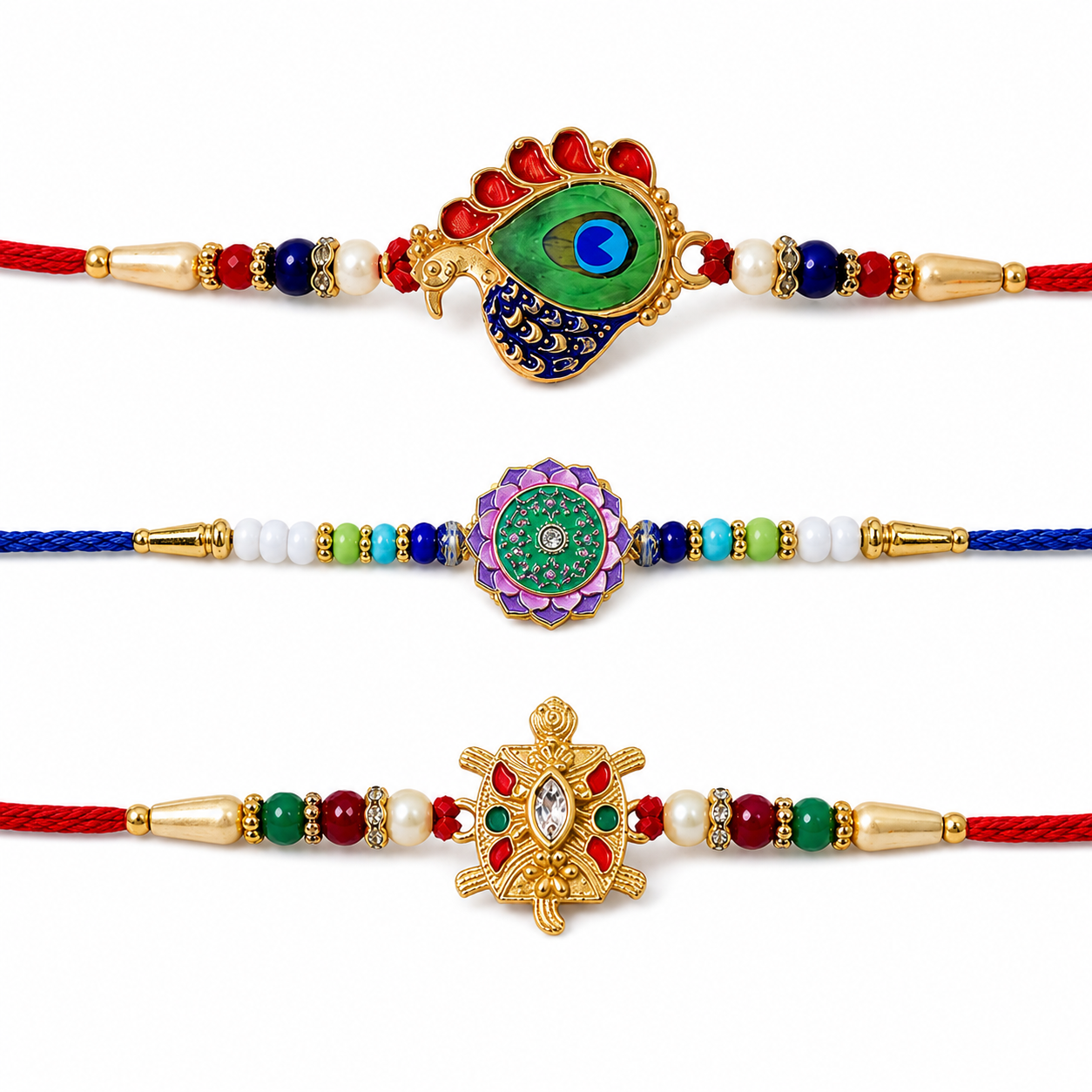 Peacock Feather, Turtle Strength & Elegant Floral Stone Rakhi for Brother (3 Pc)
