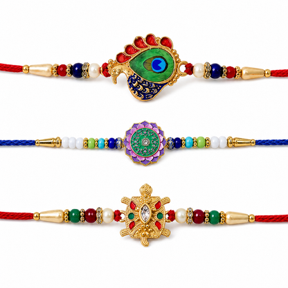 Peacock Feather, Turtle Strength & Elegant Floral Stone Rakhi for Brother (3 Pc)