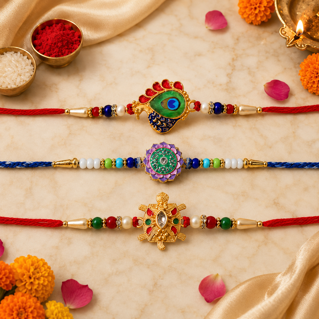 Peacock Feather, Turtle Strength & Elegant Floral Stone Rakhi for Brother (3 Pc)